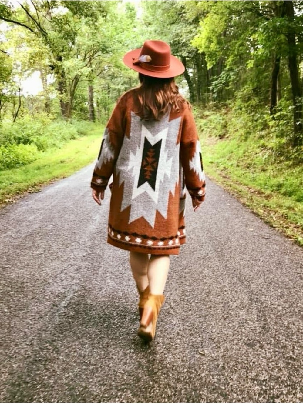 Mundefeis Gold Flame Aztec Duster Cardigan Jacket Rust Boho Western